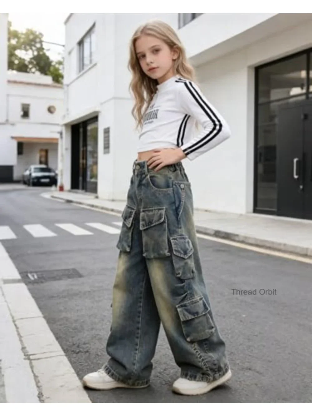 Girls Baggy Cargo Jeans High Waisted Wide Leg Y2K Denim Pants with Pockets